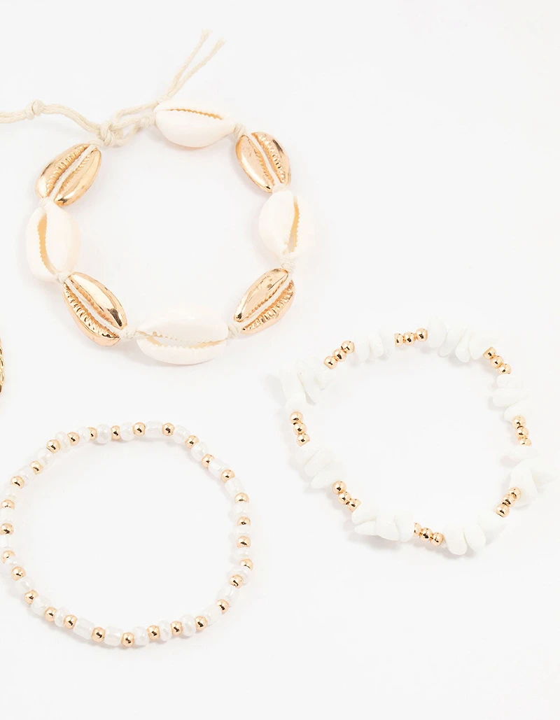 Gold Beaded & Large Shell Bracelets 4-Pack
