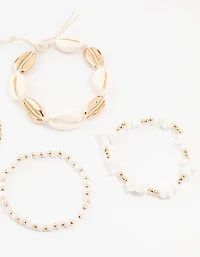 Gold Beaded & Large Shell Bracelets 4-Pack
