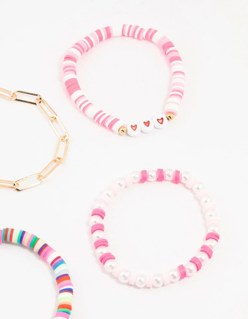 Smiley & Heart Beaded Gold Bracelets 5-Pack