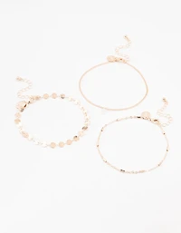 Rose Gold Disc Chain Diamante Anklets 3-Pack