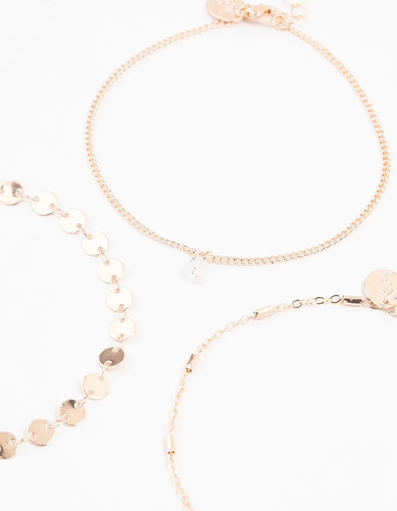 Pack de 3 bracelets de cheville Diamant Caten à disque en or rose