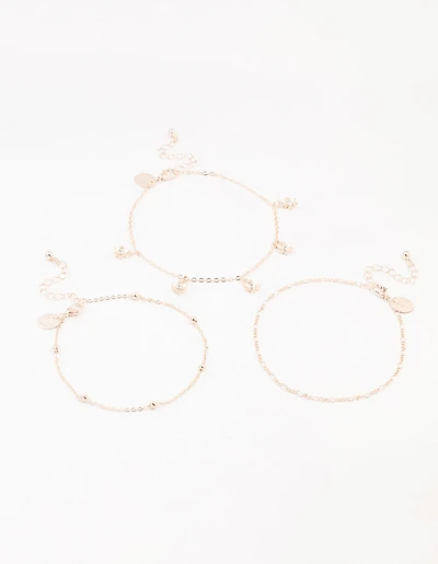 Rose Gold Figaro Diamante Flower Anklets 3-Pack