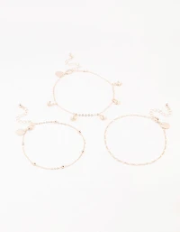 Rose Gold Figaro Diamante Flower Anklets 3-Pack