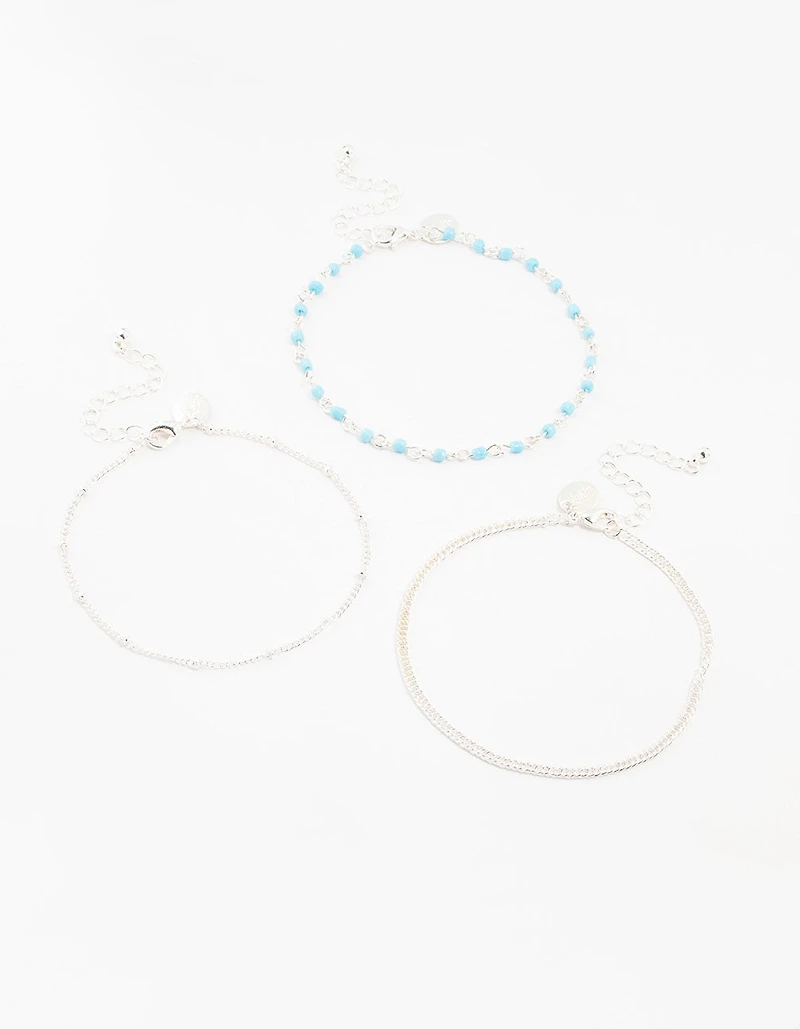Silver Ball & Chain & Beaded Anklets 3-Pack