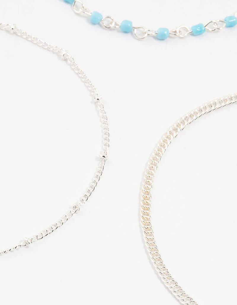 Silver Ball & Chain & Beaded Anklets 3-Pack
