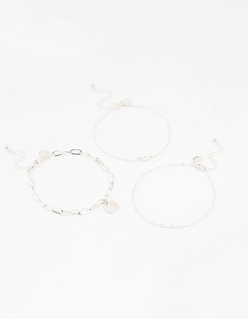 Silver Pearl Disc Drop Anklets 3-Pack