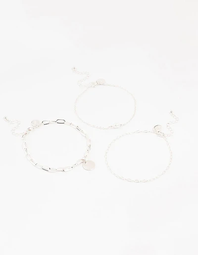 Silver Pearl Disc Drop Anklets 3-Pack