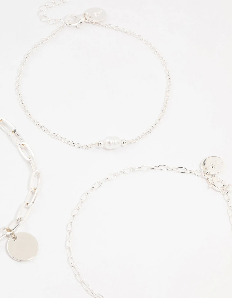 Silver Pearl Disc Drop Anklets 3-Pack