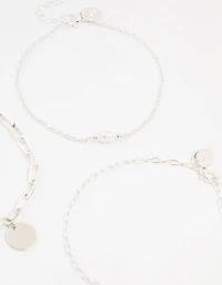 Silver Pearl Disc Drop Anklets 3-Pack