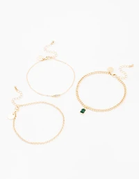 Gold Baguette Drop Anklets 3-Pack