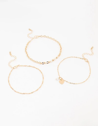 Gold Pearl Heart Drop Anklets 3-Pack