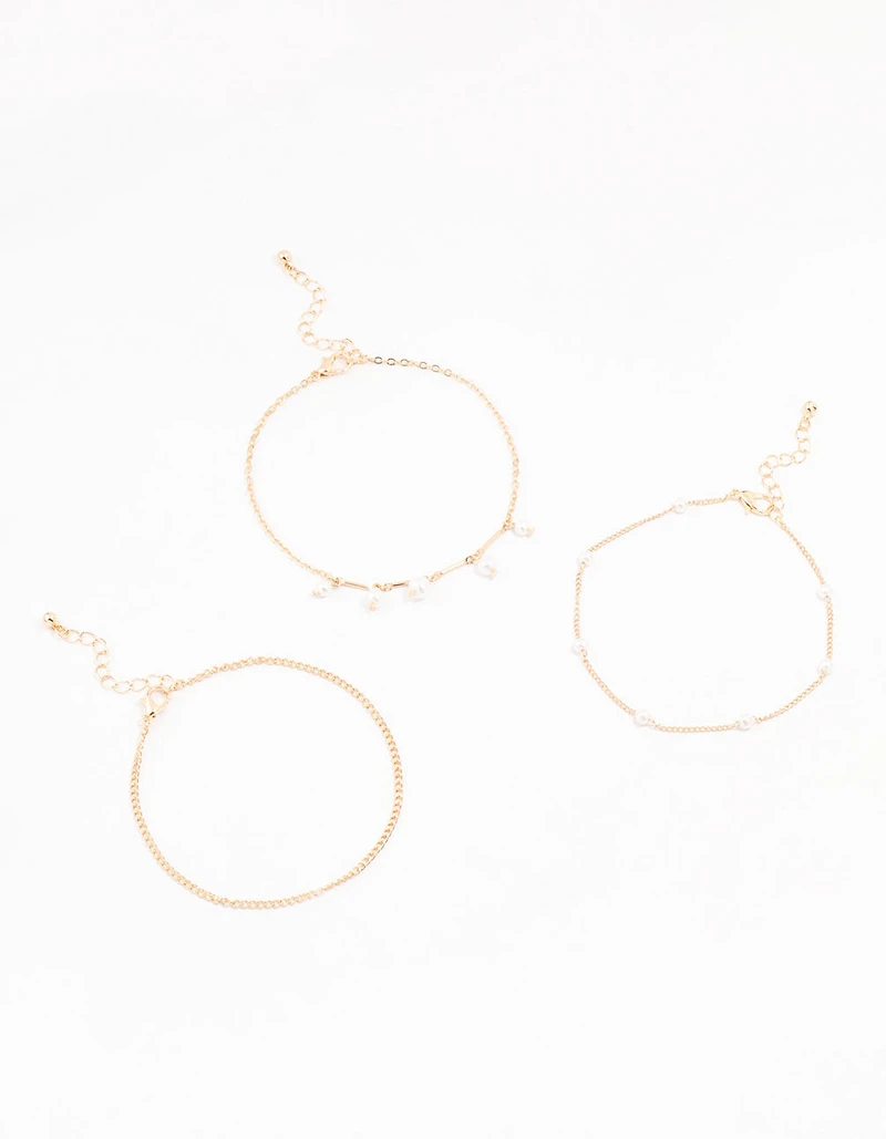 Gold Pearl Stone Drop Anklets 3-Pack