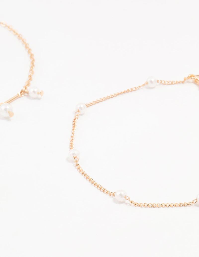 Gold Pearl Stone Drop Anklets 3-Pack