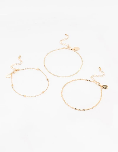 Gold Twisted Cupchain Anklets 3-Pack