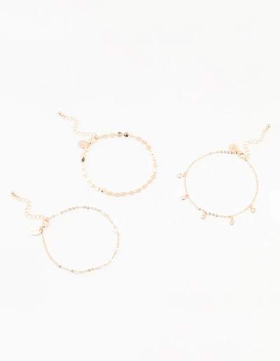 Gold Pearl Diamante Drop Anklets 3-Pack