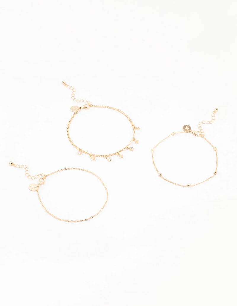 Gold Diamante Star Drop Anklets 3-Pack