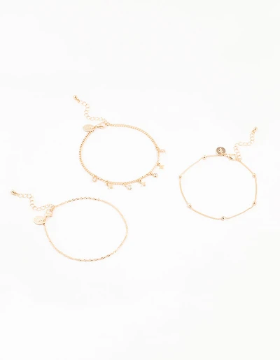 Gold Diamante Star Drop Anklets 3-Pack