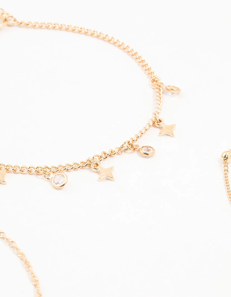 Gold Diamante Star Drop Anklets 3-Pack