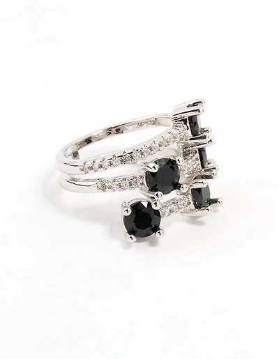Silver Black 3 Row Round Cubic Zirconia Ring