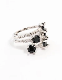 Silver Black 3 Row Round Cubic Zirconia Ring