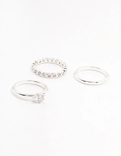 Silver Plated Fine Round Cubic Zirconia Stacking Rings 3-Pack