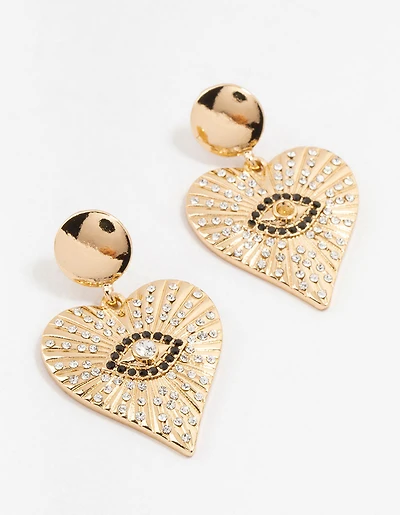 Gold & Black Etched Evil Eye Heart Drop Earrings