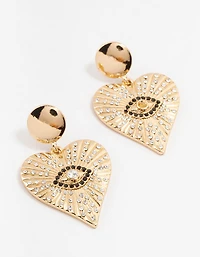 Gold & Black Etched Evil Eye Heart Drop Earrings