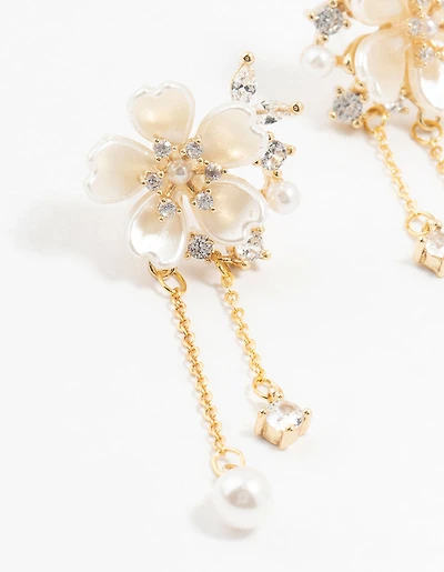 Gold Plated Acrylic Flower Pearl Drop Earrings