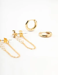 Gold Plated Cubic Zirconia Chain & Hoop Earrings 3-Pack