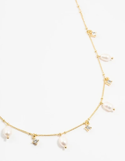 Gold Plated Alternating Pearl & Cubic Zirconia Station Necklace
