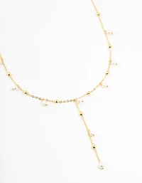 Gold Plated Alternating Pearl & Ball Y Necklace