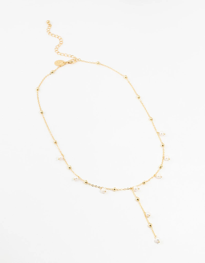 Gold Plated Alternating Pearl & Ball Y Necklace