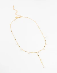 Gold Plated Alternating Pearl & Ball Y Necklace