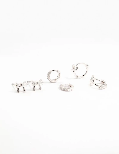 Silver Cubic Zirconia Bow Stud & Hoop Earrings 3-Pack