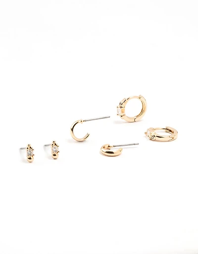 Gold Round & Square Stone Earrings 3-Pack