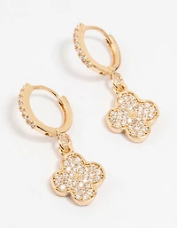 Gold Cubic Zirconia Clover Huggie Earrings