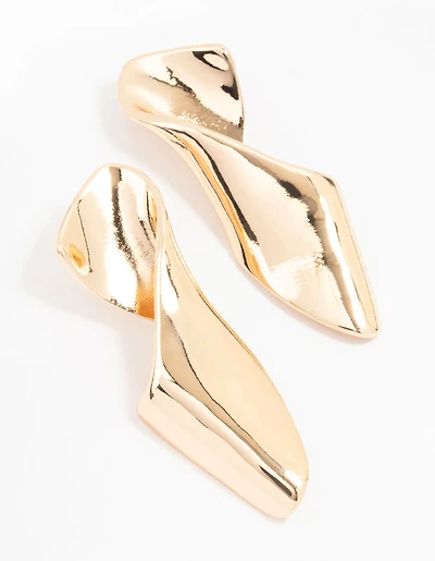 Gold Twisted Folded Long Drop Earrings