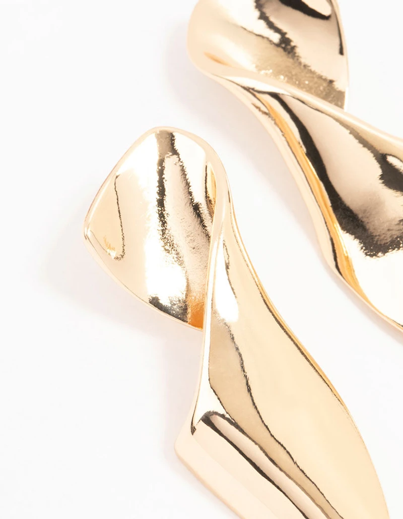 Gold Twisted Folded Long Drop Earrings