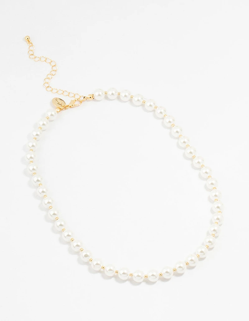 Gold Plated Alternating Medium Pearl & Ball Necklace
