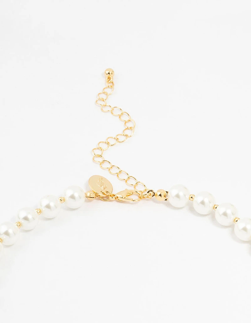 Gold Plated Alternating Medium Pearl & Ball Necklace