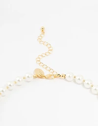 Gold Plated Alternating Medium Pearl & Ball Necklace