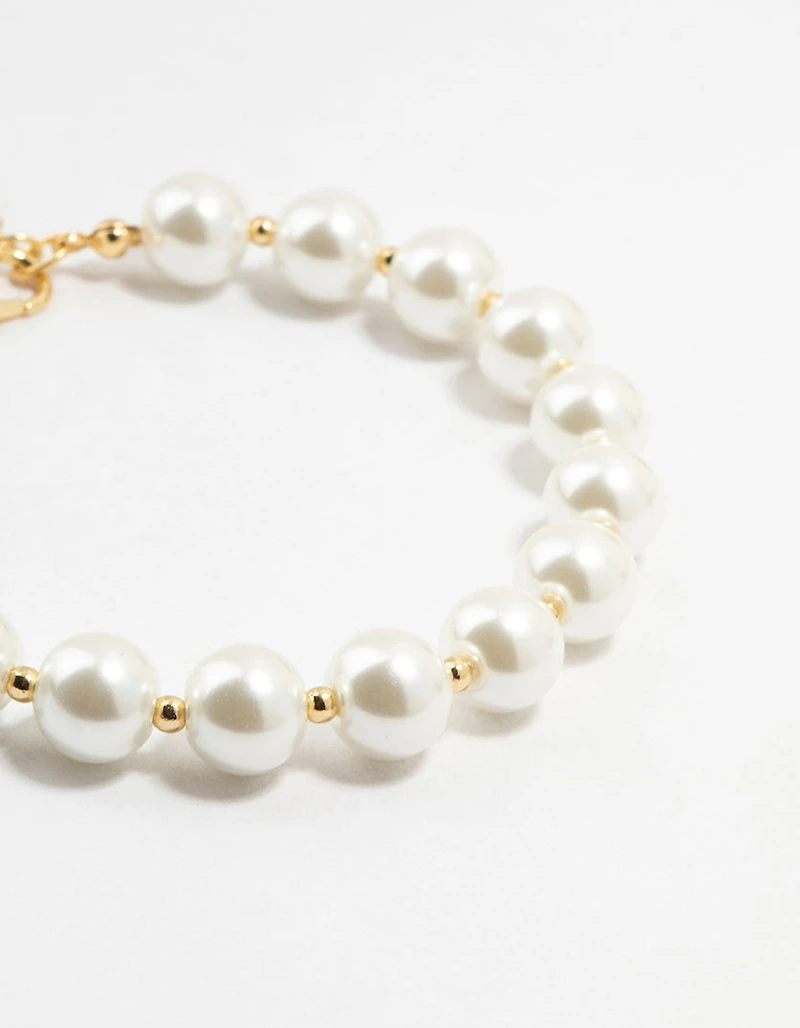 Gold Plated Alternating Medium Pearl & Ball Bracelet