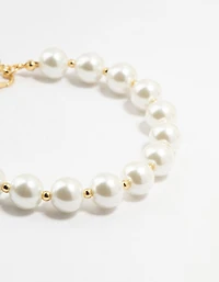 Gold Plated Alternating Medium Pearl & Ball Bracelet