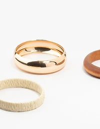 Gold Raffia & Wood Bangles 3-Pack