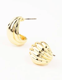 Gold Plated Brass Ribbed Hoop Earrings