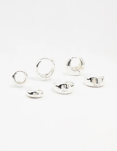 Silver Plated Brass  Chunky Mixed Hoop Earrings 3-Pack