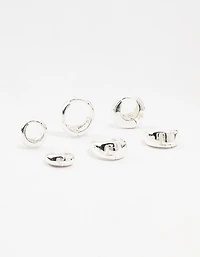 Silver Plated Brass  Chunky Mixed Hoop Earrings 3-Pack
