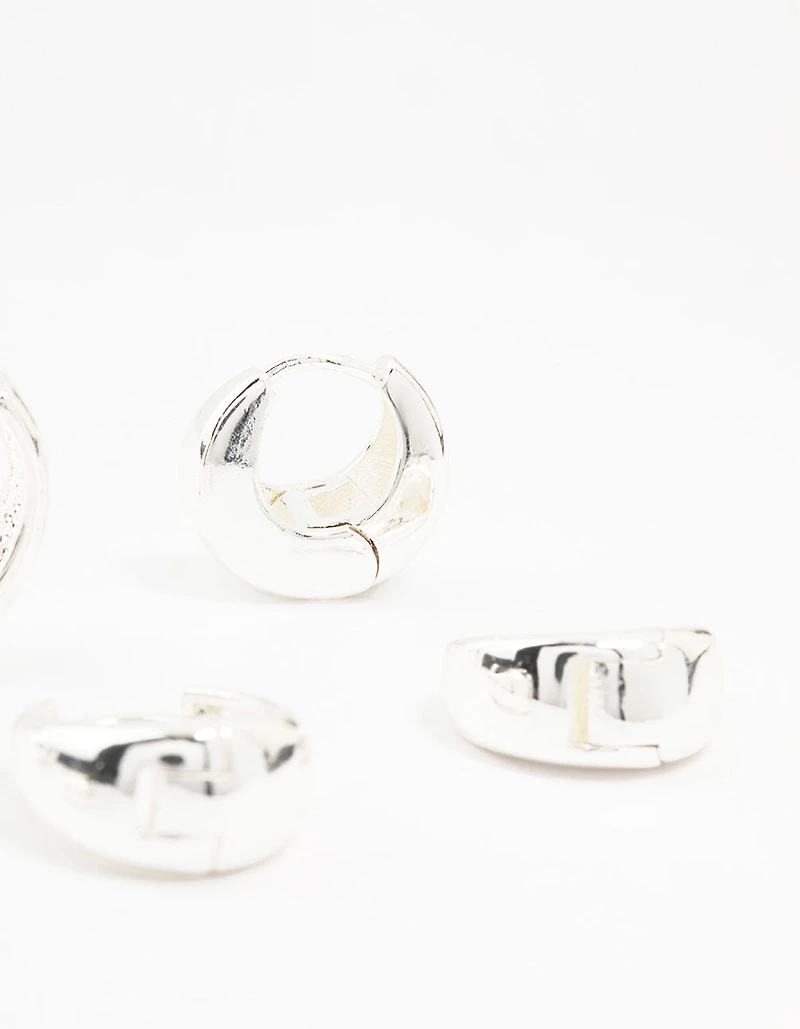 Silver Plated Brass  Chunky Mixed Hoop Earrings 3-Pack