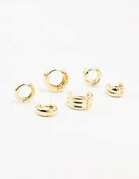 Gold Plated Brass Trio Ribbed & Rope Hoop Earrings 3-Pack