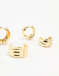 Gold Plated Brass Trio Ribbed & Rope Hoop Earrings 3-Pack